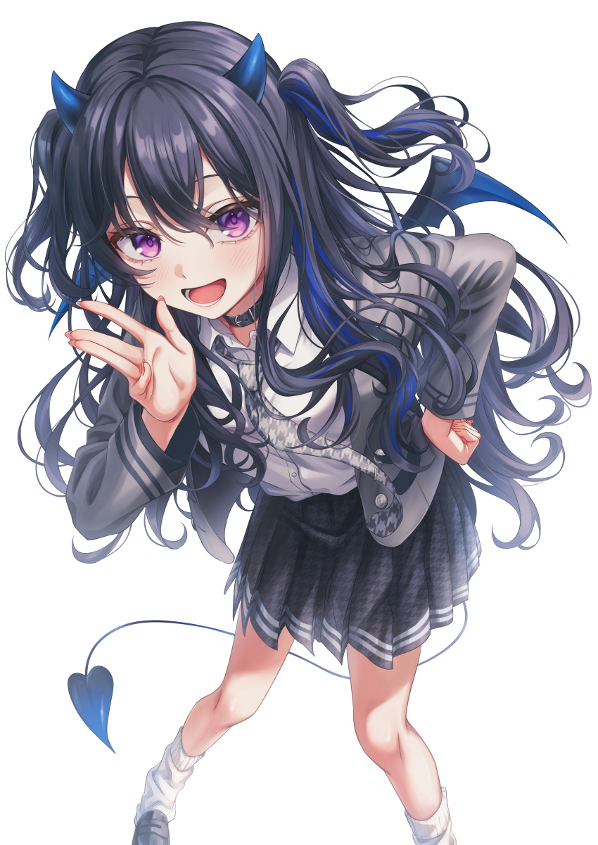 1girl, absurdres, bat_wings, belt_collar, black_hair, black_skirt, blazer, blue_horns