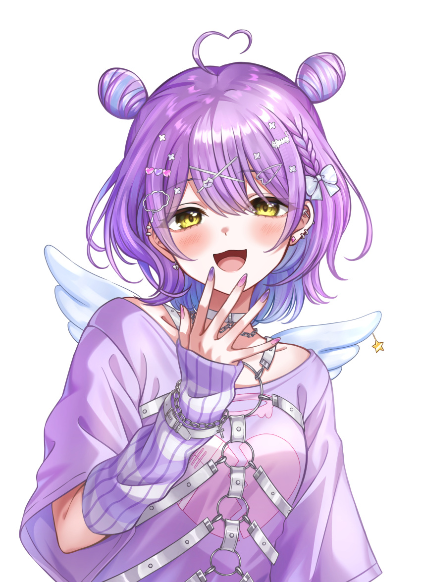 1girl, :3, absurdres, ahoge, angel_wings, arm_warmers, barbell_piercing, bow