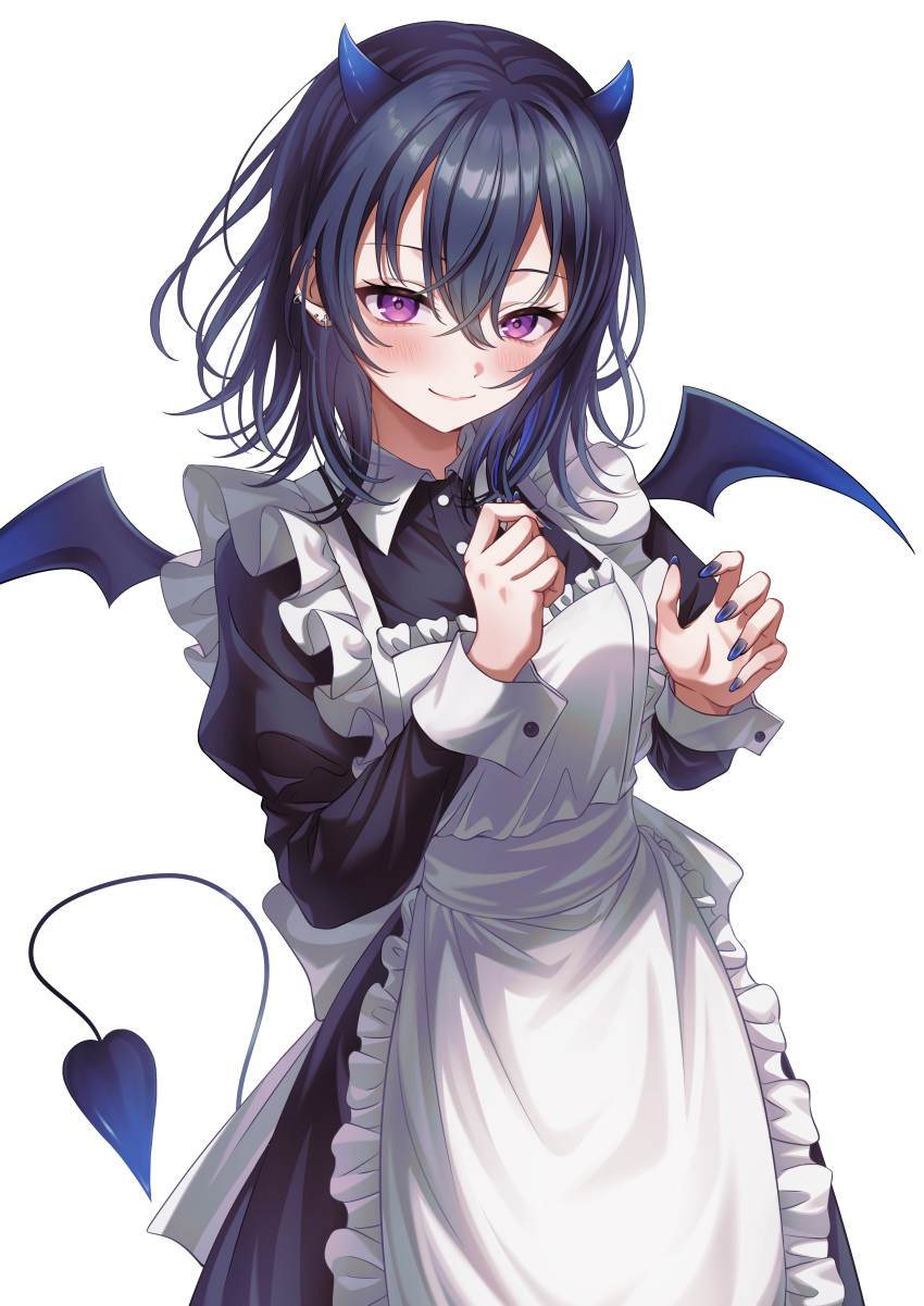 1girl, absurdres, alternate_costume, apron, bat_wings, black_hair, blue_horns, blue_nails