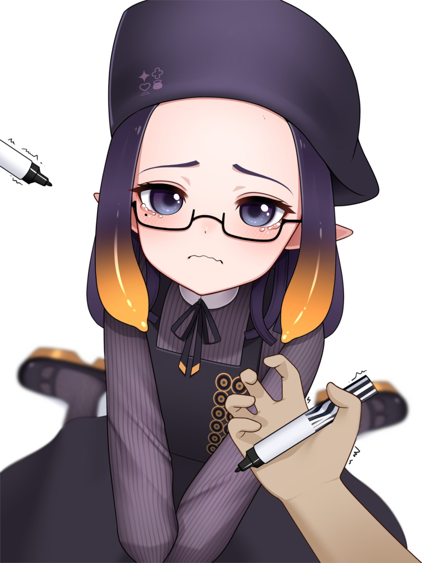 1girl, bad_id, bad_pixiv_id, black_dress, blue_eyes, blurry, blurry_background, closed_mouth