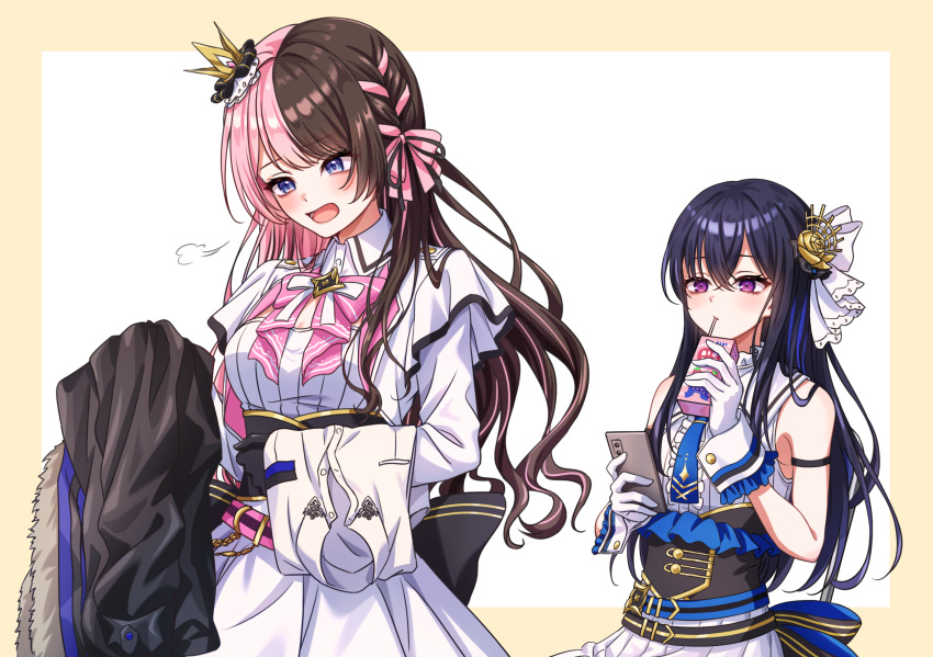 2girls, arm_strap, bare_shoulders, black_gloves, black_hair, blue_eyes, blue_necktie, blush