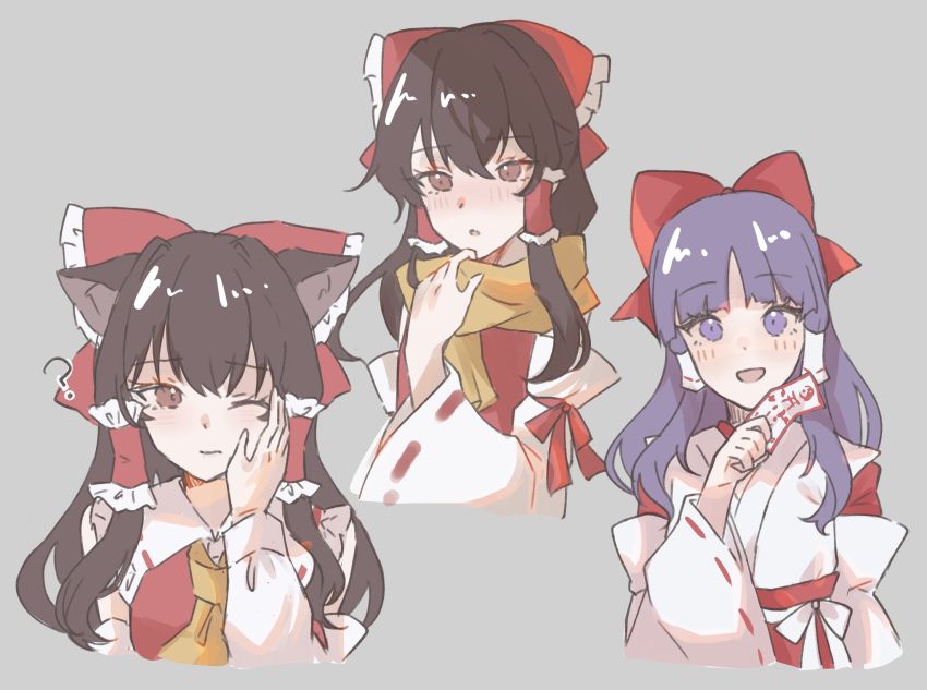 1girl, 1other, ?, animal_ears, ascot, blush, bow, brown_eyes