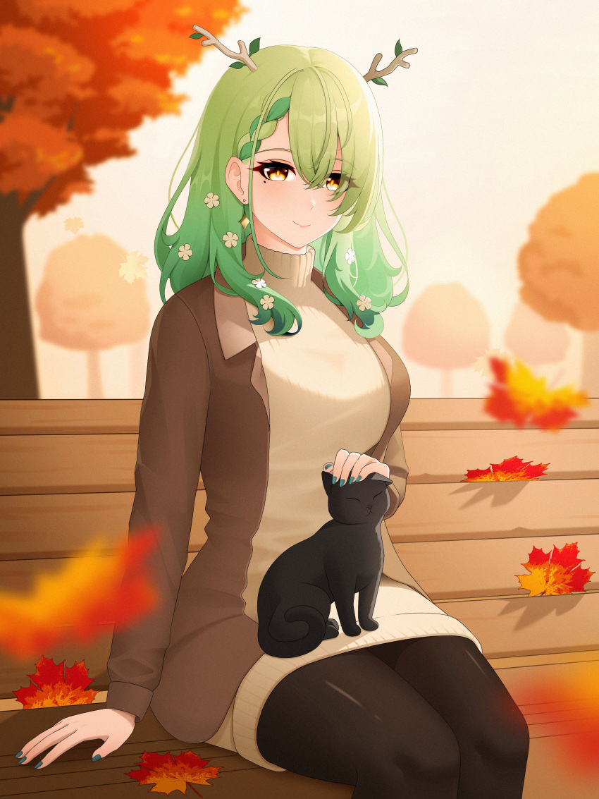1girl, absurdres, alternate_costume, animal, antlers, autumn_leaves, bench, black_pantyhose