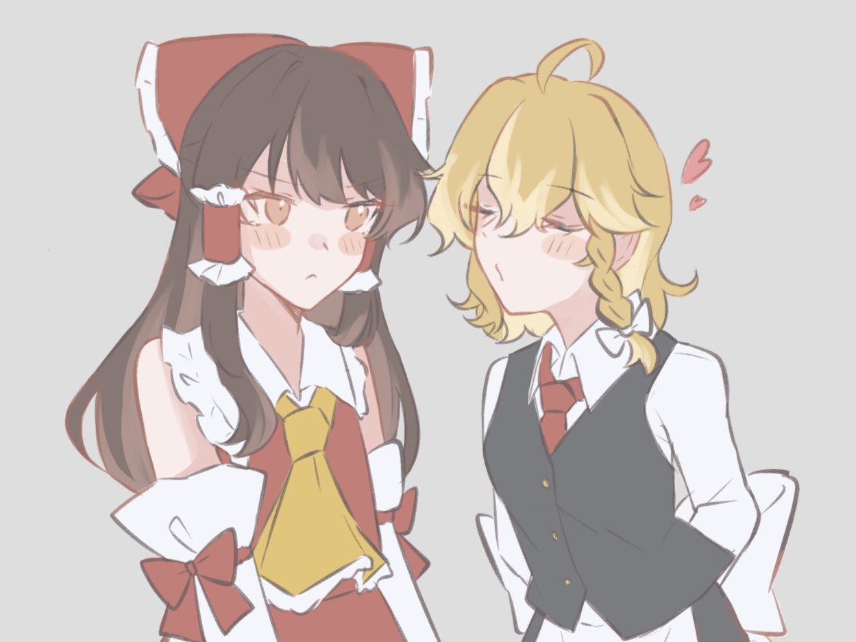 2girls, ahoge, apron, ascot, back_bow, black_vest, blonde_hair, blush, bow, braid, brown_eyes, brown_hair, carin_(c_arin1012), collared_shirt, commentary_request, detached_sleeves, frilled_bow, frilled_hair_tubes, frills, hair_bow, hair_tubes, hakurei_reimu, hat, imminent_kiss, kirisame_marisa, long_hair, multiple_girls, necktie, no_headwear, red_bow, red_necktie, red_skirt, shirt, side_braid, single_braid, skirt, skirt_set, touhou, vest, waist_apron, white_bow, white_shirt, yellow_ascot, yuri