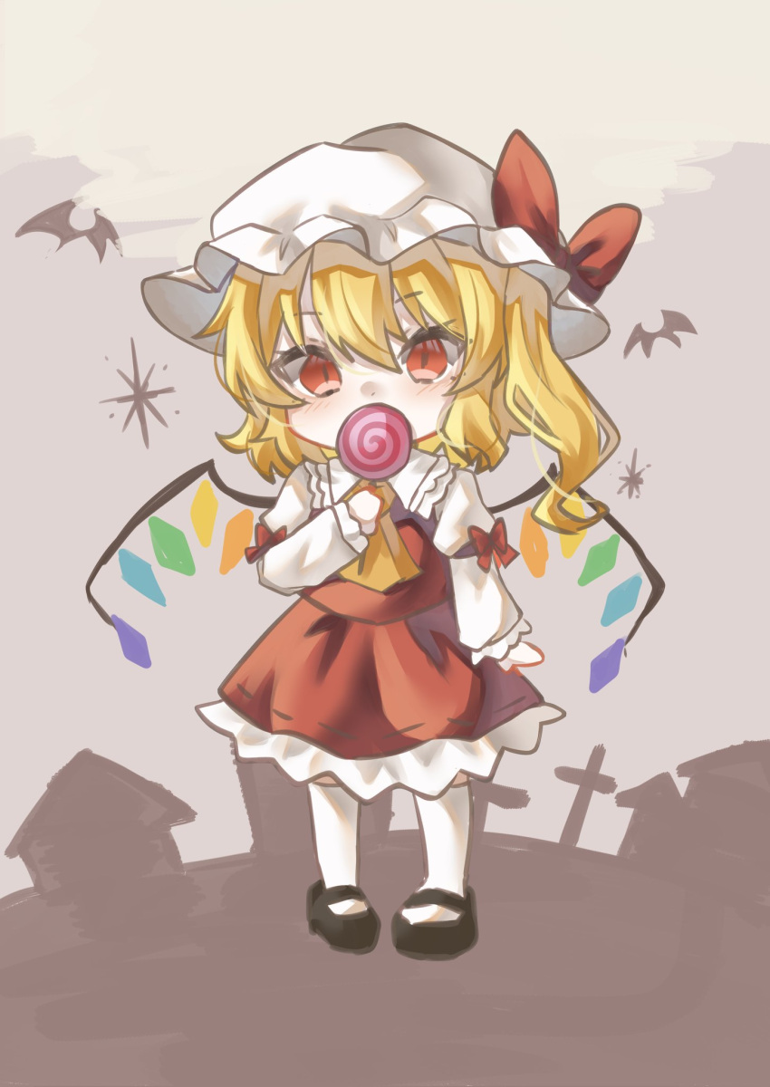 1girl, ascot, bat_(animal), black_shoes, blonde_hair, blush, bow, candy