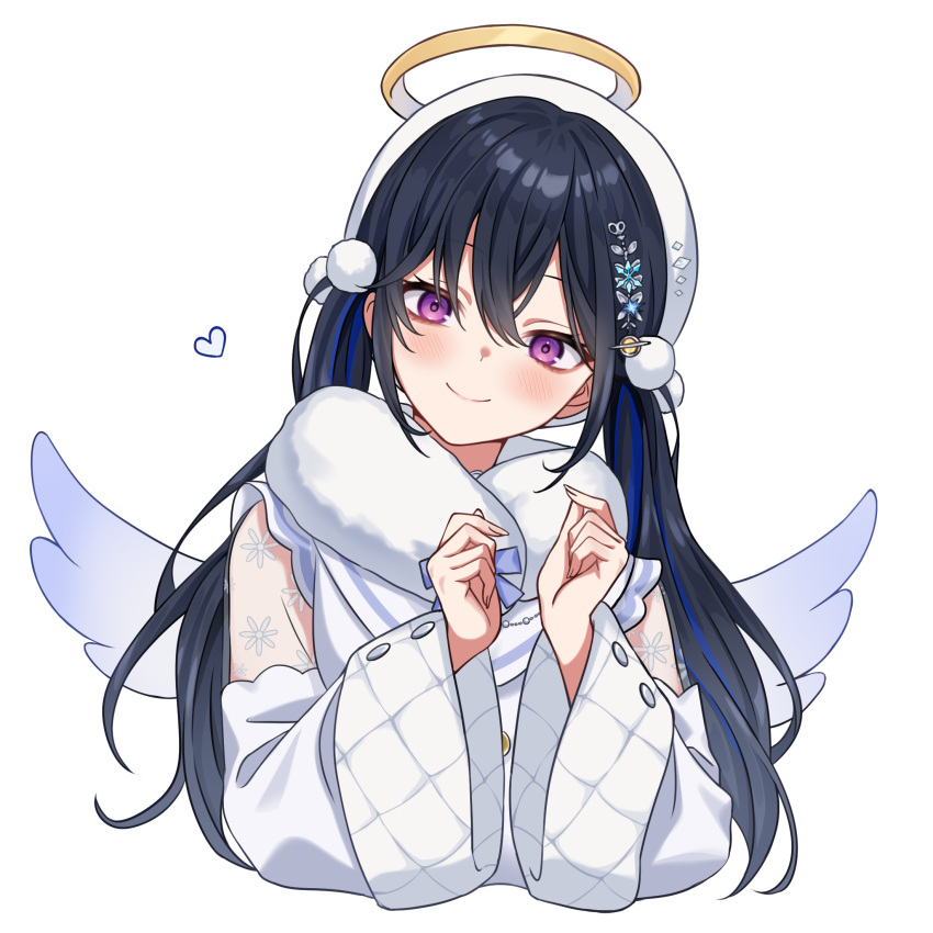 1girl, angel_wings, beret, black_hair, cropped_torso, double-parted_bangs, dress, fur_collar