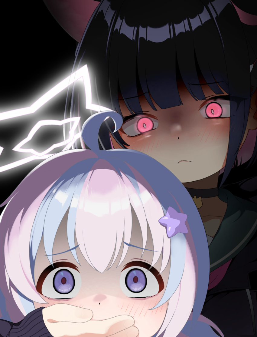 2girls, ahoge, animal_ears, black_background, black_hair, blue_archive, blunt_bangs, bright_pupils