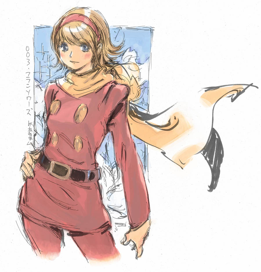 akiman, belt, blonde_hair, blue_eyes, blush, buttons, cyborg_009, female