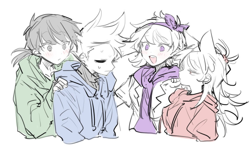 1boy, 3girls, animification, bad_id, bad_twitter_id, blue_hoodie, blush, cigar