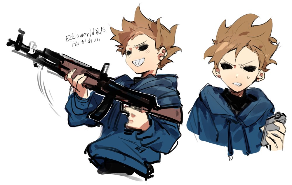 1boy, animification, bad_id, bad_twitter_id, blue_hoodie, brown_hair, cropped_torso, eddsworld, flask, grin, gun, holding, holding_flask, holding_gun, holding_weapon, hollow_eyes, hood, hood_down, hoodie, inactive_account, long_sleeves, male_focus, multiple_views, nana_(ebitokanimiso), painttool_sai_(medium), short_hair, simple_background, sketch, smile, solo, spiky_hair, tom_(eddsworld), translation_request, weapon, white_background
