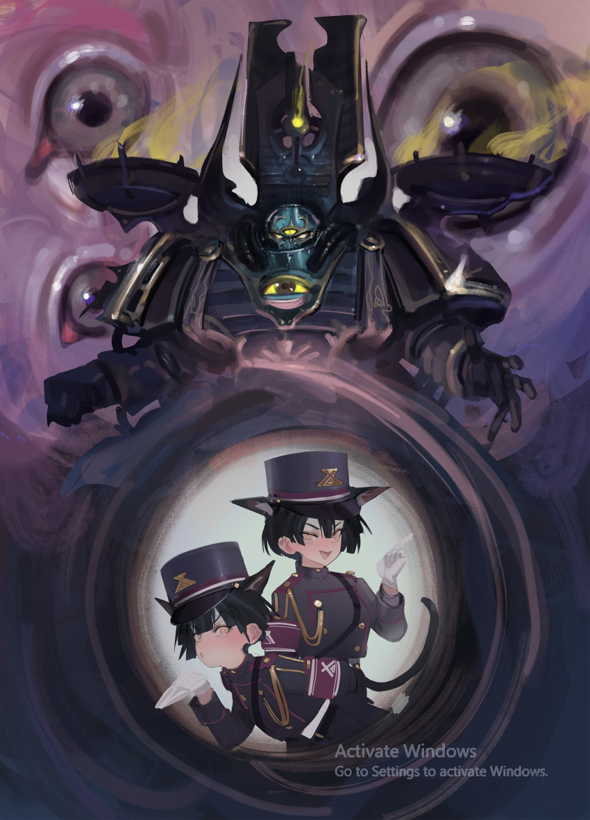 1boy, 2girls, absurdres, adeptus_astartes, animal_ears, armor, blowing_kiss, brassard, brazier, cat_ears, cat_girl, cat_tail, chaos_(warhammer), chaos_space_marine, disembodied_eye, extra_ears, gauntlets, gloves, hat, helmet, highres, looking_at_viewer, microsoft_windows, military_uniform, multiple_girls, orange_eyes, original, pauldrons, polilla, power_armor, shako_cap, shoulder_armor, tail, the_warp_(warhammer_40k), thousand_sons, warhammer_40k, white_gloves