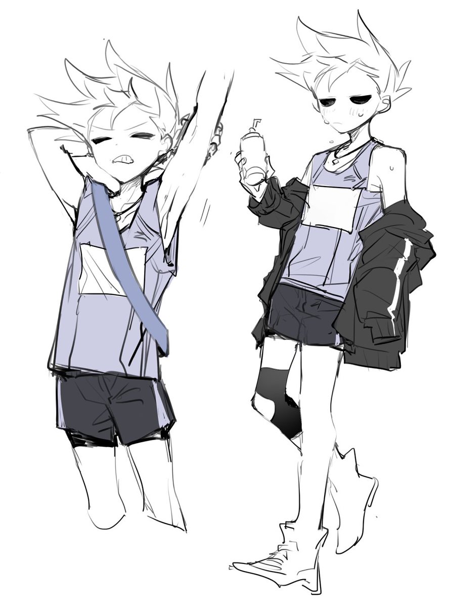 1boy, alternate_costume, animification, bad_id, bad_twitter_id, black_jacket, black_shorts, blue_tank_top