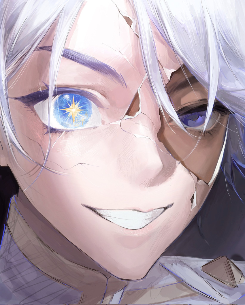 1boy, :d, bags_under_eyes, blue_eyes, broken_mask, close-up, cracked_kawaii_mask, grin