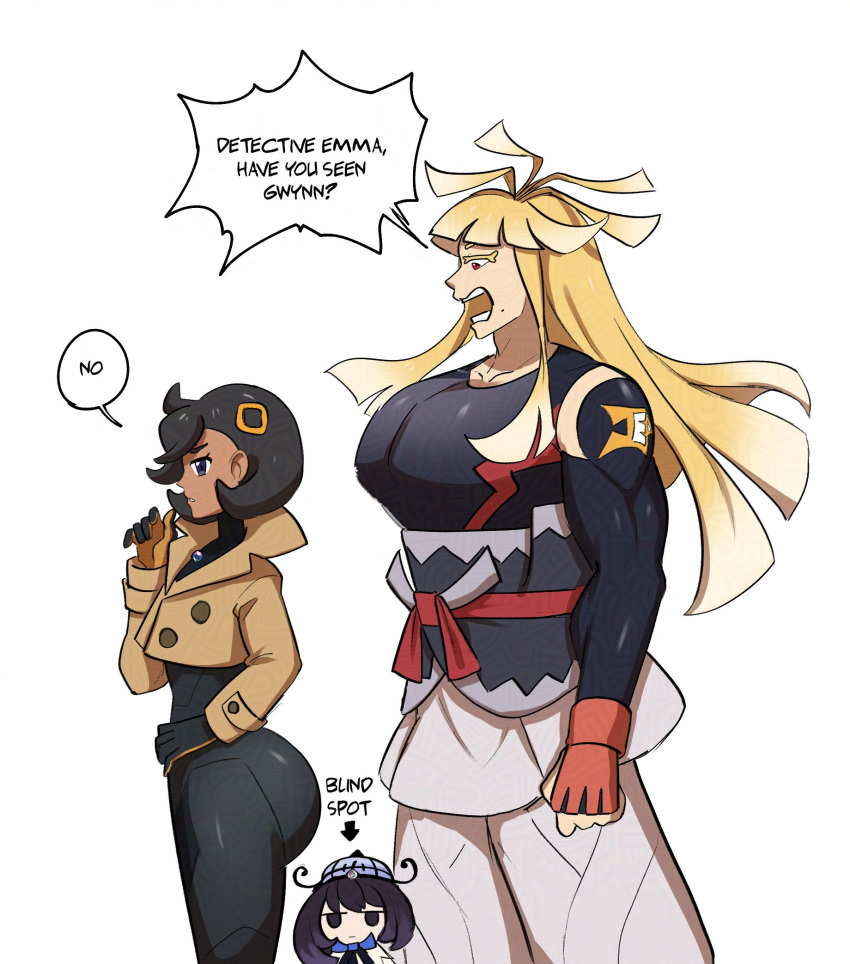 1boy, 2girls, black_bodysuit, black_hair, blind_spot_(meme), blonde_hair, blunt_bangs, bob_cut