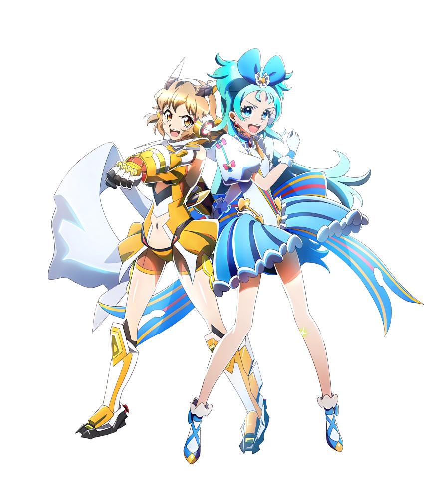 2girls, :d, absurdres, aqua_eyes, aqua_hair, armored_boots, arms_up, blue_bow