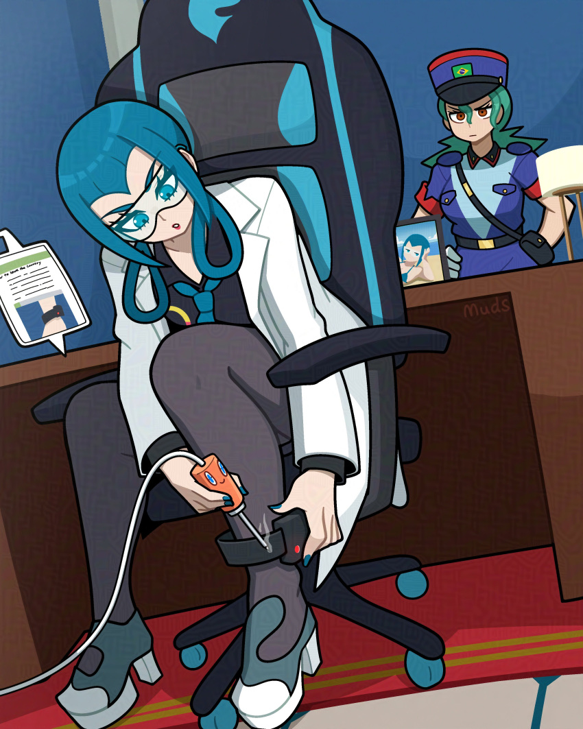 2girls, absurdres, adversarial_noise, ankle_monitor, bikini, blue-tinted_eyewear, blue_bikini, blue_eyes, blue_hair, blue_hat, blue_nails, blue_necktie, breasts, brown_eyes, chair, coat, commentary, desk, desk_lamp, dress, english_commentary, gaming_chair, glasses, gloves, green_hair, hair_rings, hands_on_own_hips, hat, highres, holding, jenny_(pokemon), lab_coat, lamp, long_hair, long_sleeves, mable_(pokemon), makeup, miniskirt, muds, multiple_girls, necktie, open_clothes, open_coat, pantyhose, picture_frame, pokemon, pokemon_(anime), pokemon_(classic_anime), pokemon_legends:_z-a, police, police_hat, police_uniform, policewoman, real_life, red_lips, rotom, rotom_phone, safety_glasses, shirt, short_sleeves, sitting, skirt, soldering_iron, swimsuit, swivel_chair, tinted_eyewear, white_coat, white_gloves, wikihow