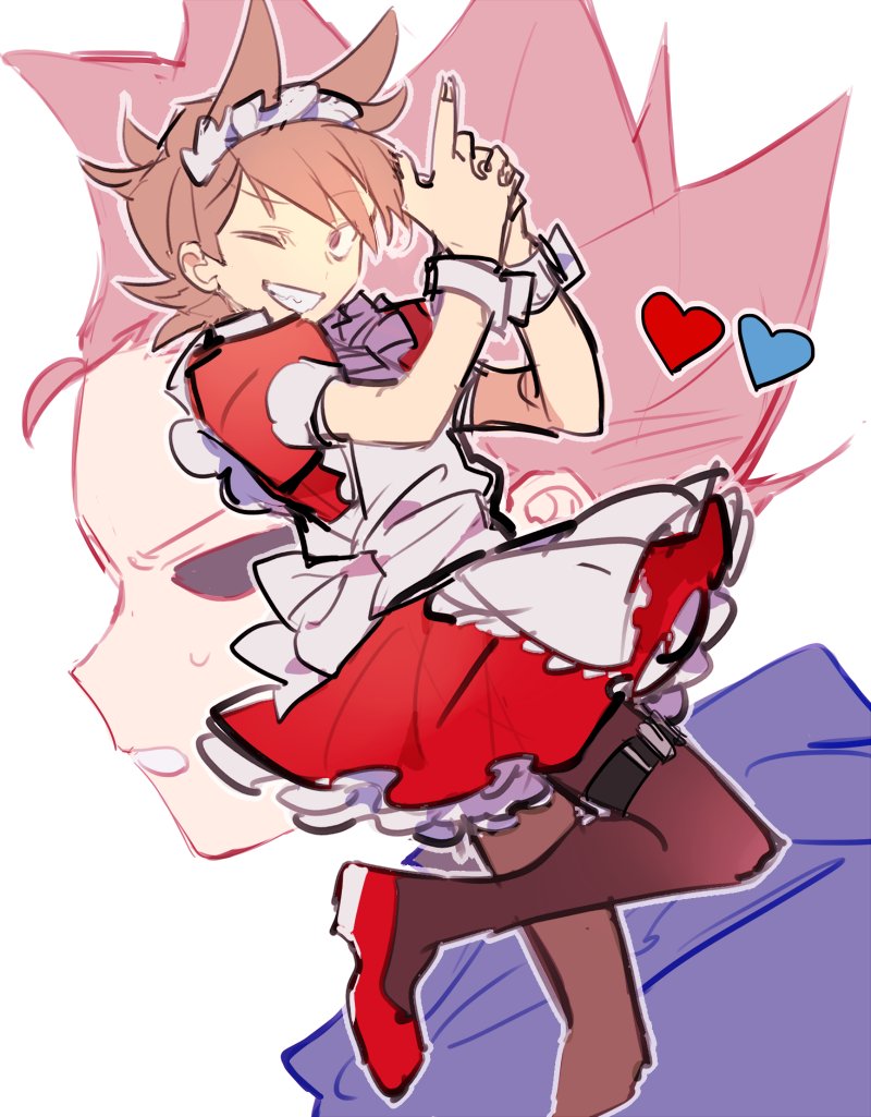 2boys, alternate_costume, animification, apron, bad_id, bad_twitter_id, black_pantyhose, blue_hoodie, brown_eyes, brown_hair, commentary, crossdressing, crossdressing_(mtf), dress, eddsworld, enmaided, finger_gun, from_side, grin, hair_ears, heart, hollow_eyes, hood, hood_down, hoodie, inactive_account, looking_at_viewer, maid, maid_apron, maid_day, maid_headdress, male_focus, male_maid, multiple_boys, nana_(ebitokanimiso), one_eye_closed, painttool_sai_(medium), pantyhose, red_dress, red_shoes, sharp_teeth, shoes, short_hair, simple_background, sketch, smile, solo_focus, standing, standing_on_one_leg, teeth, thigh_strap, tom_(eddsworld), tord_(eddsworld), white_apron, white_background, wrist_cuffs