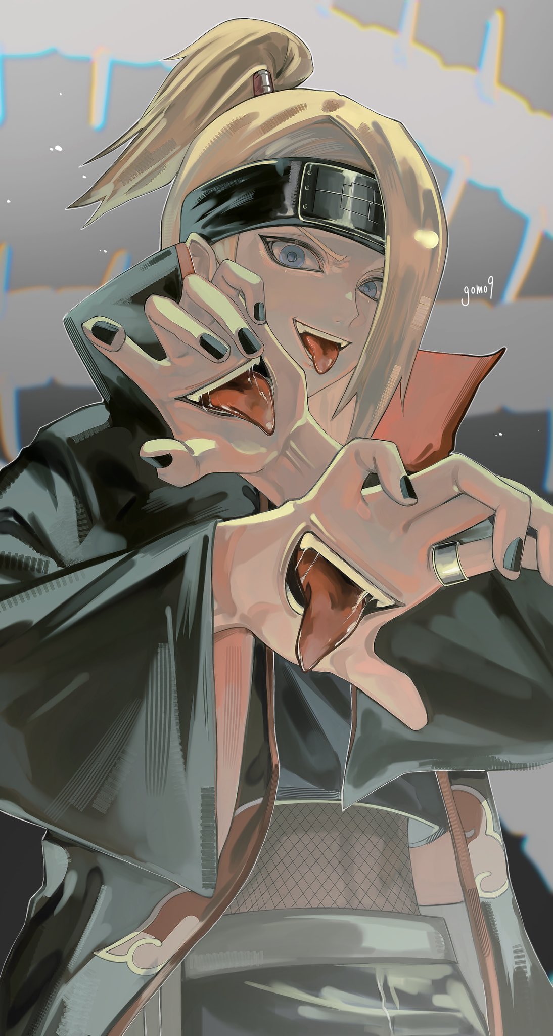 1017gomo9, 1boy, :p, akatsuki_uniform, asymmetrical_bangs, black_nails, blonde_hair, blue_eyes