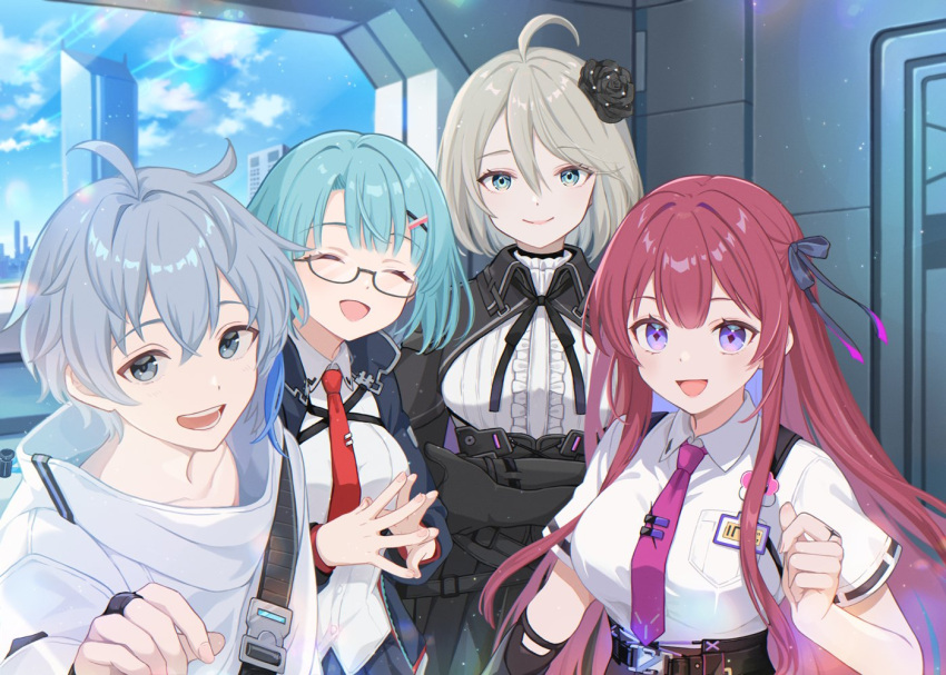 1boy, 3girls, ahoge, bag, blue_hair, bridal_gauntlets, chaos_zero_nightmare, flower, glasses, hair_between_eyes, hair_flower, hair_ornament, happy, high-waist_skirt, iroha_ironoha, jacket, mika_(chaos_zero_nightmare), multiple_girls, necktie, open_mouth, owen_(chaos_zero_nightmare), pink_hair, red_hair, rei_(chaos_zero_nightmare), renoa_(chaos_zero_nightmare), school, school_uniform, shoulder_bag, skirt, white_hair
