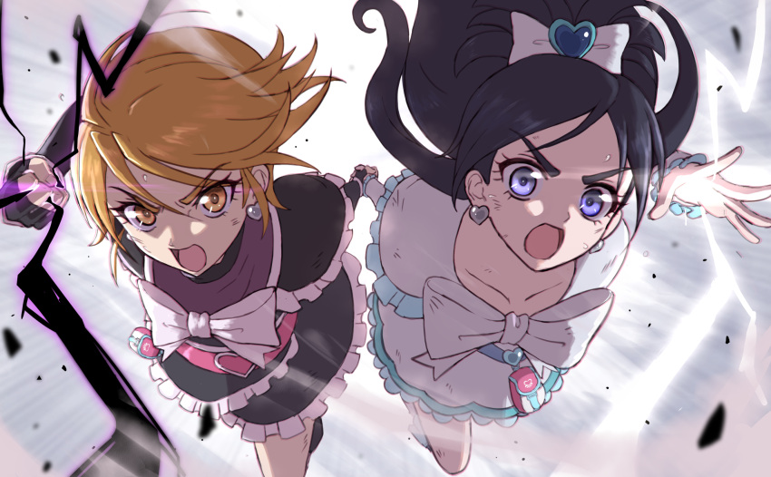 2girls, arema, attack, black_arm_warmers, black_gloves, black_skirt, blue_eyes, blue_hair