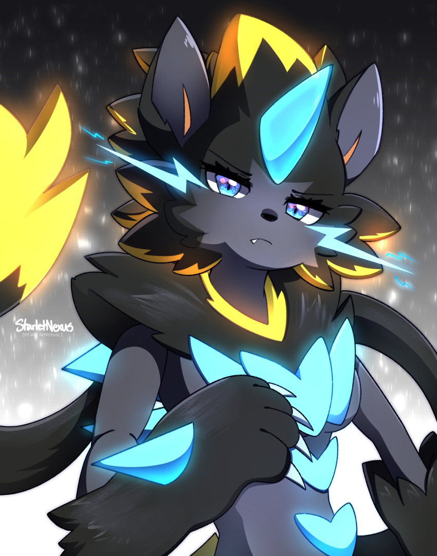 artist_name, black_fur, blue_eyes, claws, highres, looking_at_viewer, mega_zeraora, pokemon