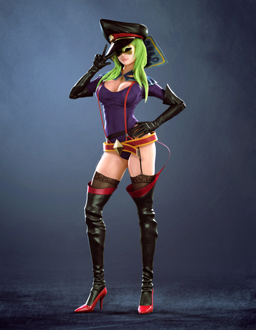 akasaki1211, black_legwear, boots, breasts, cleavage, elbow_gloves, garter_belt, garter_straps, gloves, green_hair, hand_on_hip, hat, high_heels, highres, hips, kiraboshi_(star_driver), lace, lace-trimmed_thighhighs, large_breasts, leotard, mask, peaked_cap, realistic, shoes, standing, star_driver, suspenders, thigh-highs, thigh_boots, thighhighs, v, v_over_eye, watanabe_kanako