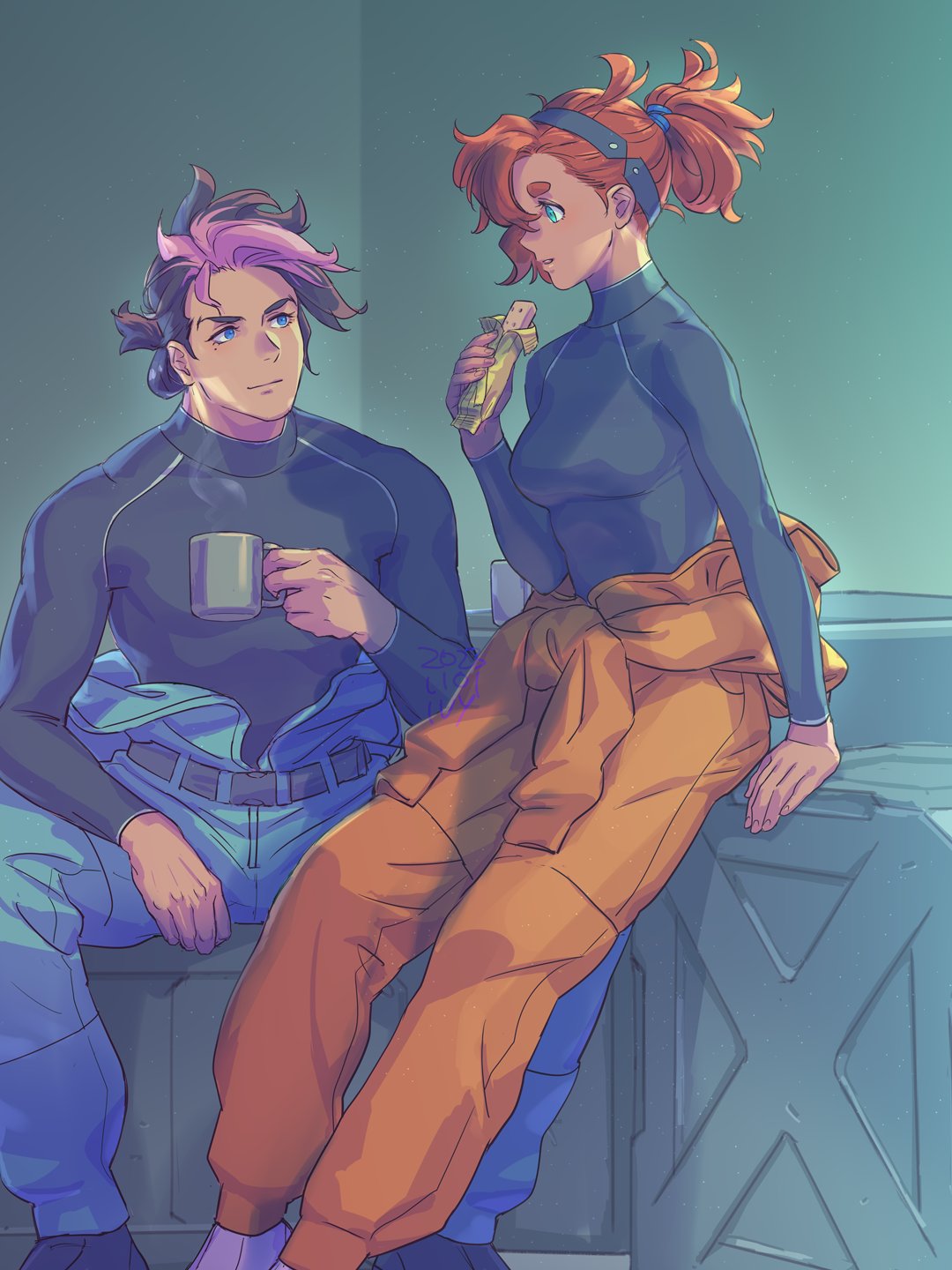 1boy, 1girl, aqua_eyes, black_hair, black_hairband, black_shirt, blue_eyes, breasts, closed_mouth, cup, food, guel_jeturk, gundam, gundam_suisei_no_majo, hair_between_eyes, hair_tie, hairband, highres, holding, holding_cup, holding_food, ivy_hermit, looking_at_another, medium_breasts, mole, mole_under_eye, parted_lips, pink_hair, ponytail, red_hair, removing_spacesuit, shirt, sitting, spacesuit, steaming_cup, suletta_mercury, thick_eyebrows