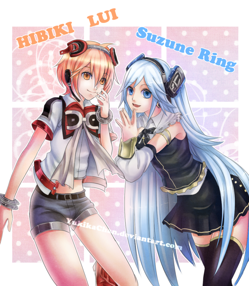 bangs, belt, black_legwear, blue_eyes, blue_hair, blush, body_blush, boots, bow, bracelet, detached_sleeves, hand_on_another's_face, hand_on_face, hand_on_own_face, headphones, headset, hibiki_lui, jewelry, long_hair, midriff, navel, open_mouth, orange_eyes, orange_hair, polka_dot, ring_suzune, short_hair, shorts, skirt, smile, strap, suzune_ring, thigh-highs, thighhighs, very_long_hair, vocaloid, vocaloid3, yukikachan