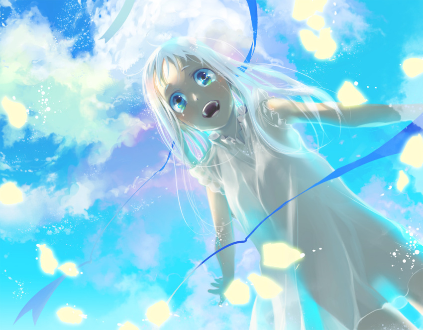 bad_id, blue_eyes, cloud, clouds, dress, honma_meiko, kasu_(pixiv108801), open_mouth