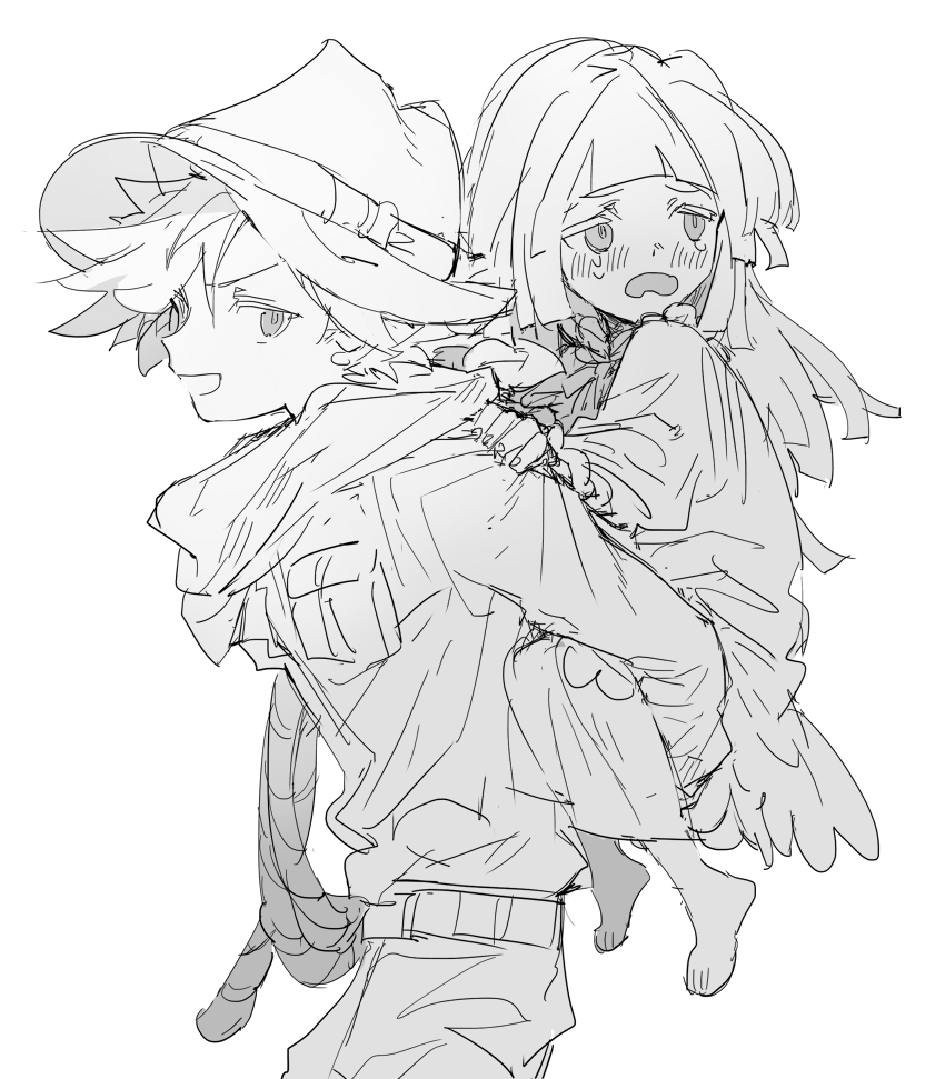 1boy, 1girl, adventurer_cookie, bad_id, bad_twitter_id, belt, blush, carrying