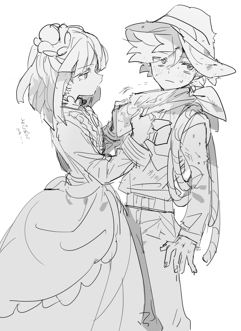 1boy, 1girl, adjusting_another's_clothes, adventurer_cookie, bad_id, bad_twitter_id, blackberry_cookie, blush