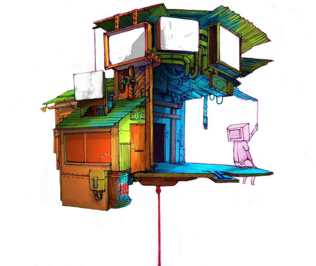 cyberpunk, faux_figurine, monitor, original, pipes, sign, simple_background, trashcan