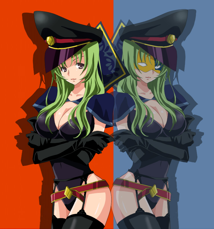 breast_hold, breasts, cleavage, elbow_gloves, garter_belt, garter_straps, gloves, green_hair