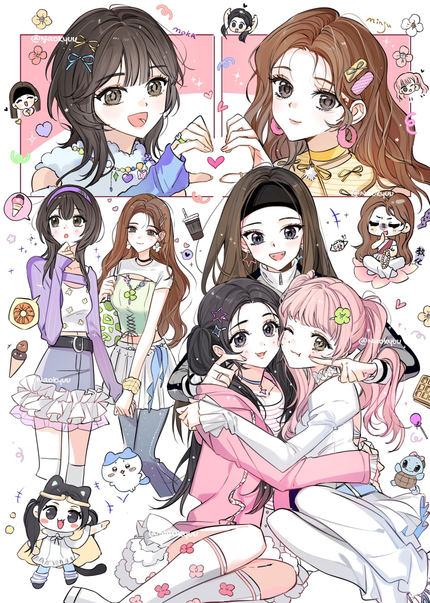 5girls, :3, arm_warmers, artist_request, belt, black_belt, black_choker, black_headband