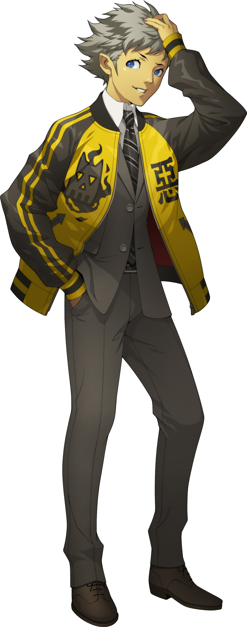 1boy, absurdres, blue_eyes, dark-skinned_male, dark_skin, doi_masayuki, formal_clothes, full_body, grey_hair, hallelujah_(megami_tensei), hand_in_pocket, hand_on_own_head, highres, jacket, male_focus, necktie, official_art, shin_megami_tensei, shin_megami_tensei_iv_final, smile, solo, standing, suit, third-party_source, transparent_background, unbuttoned, unbuttoned_shirt, unzipped