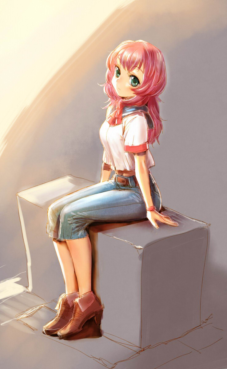 bow_(artist), bow_(bhp), green_eyes, high_heels, highres, jeans, long_hair, original
