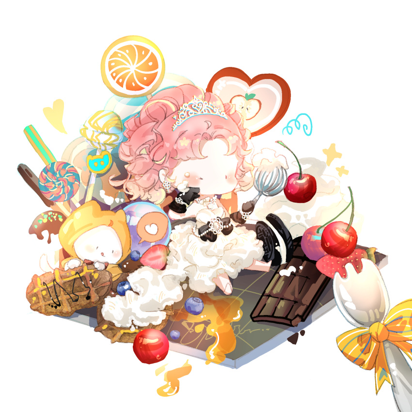 1girl, :d, animal, apple, apple_slice, bare_shoulders, barefoot, batter