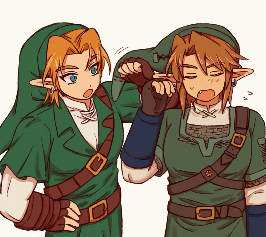 2boys, arm_up, belt, belt_buckle, blonde_hair, brown_belt, brown_gloves, brown_hair