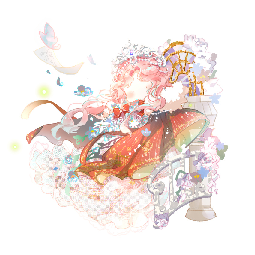 1girl, arch, beads, black_eyes, blue_flower, bouquet, bow, cape