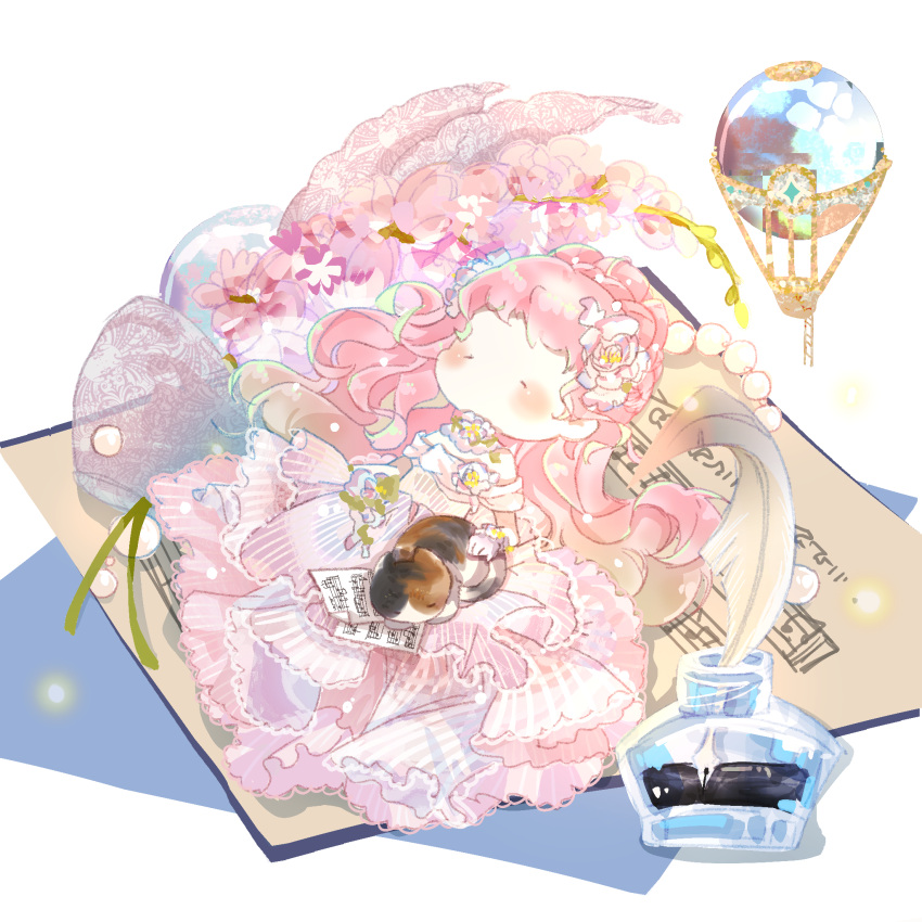 1girl, aircraft, animal_on_lap, beads, blush_stickers, bouquet, bracelet, braid