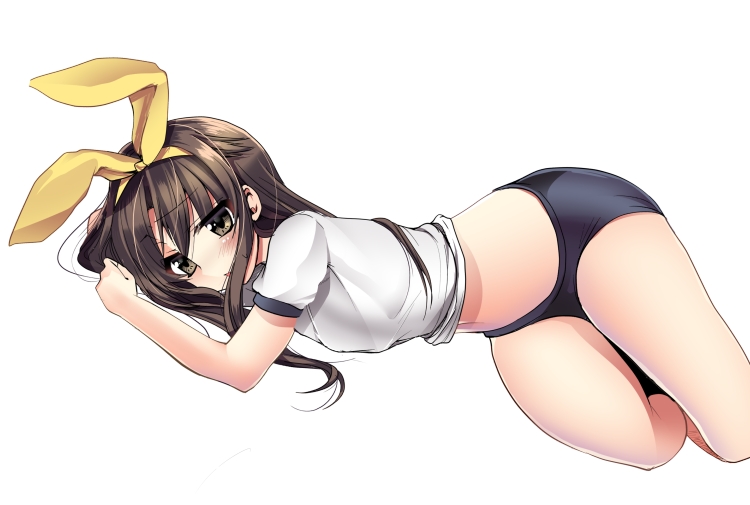blush, brown_eyes, brown_hair, buruma, crossdressing, crossdressinging, gym_uniform, hair_ribbon