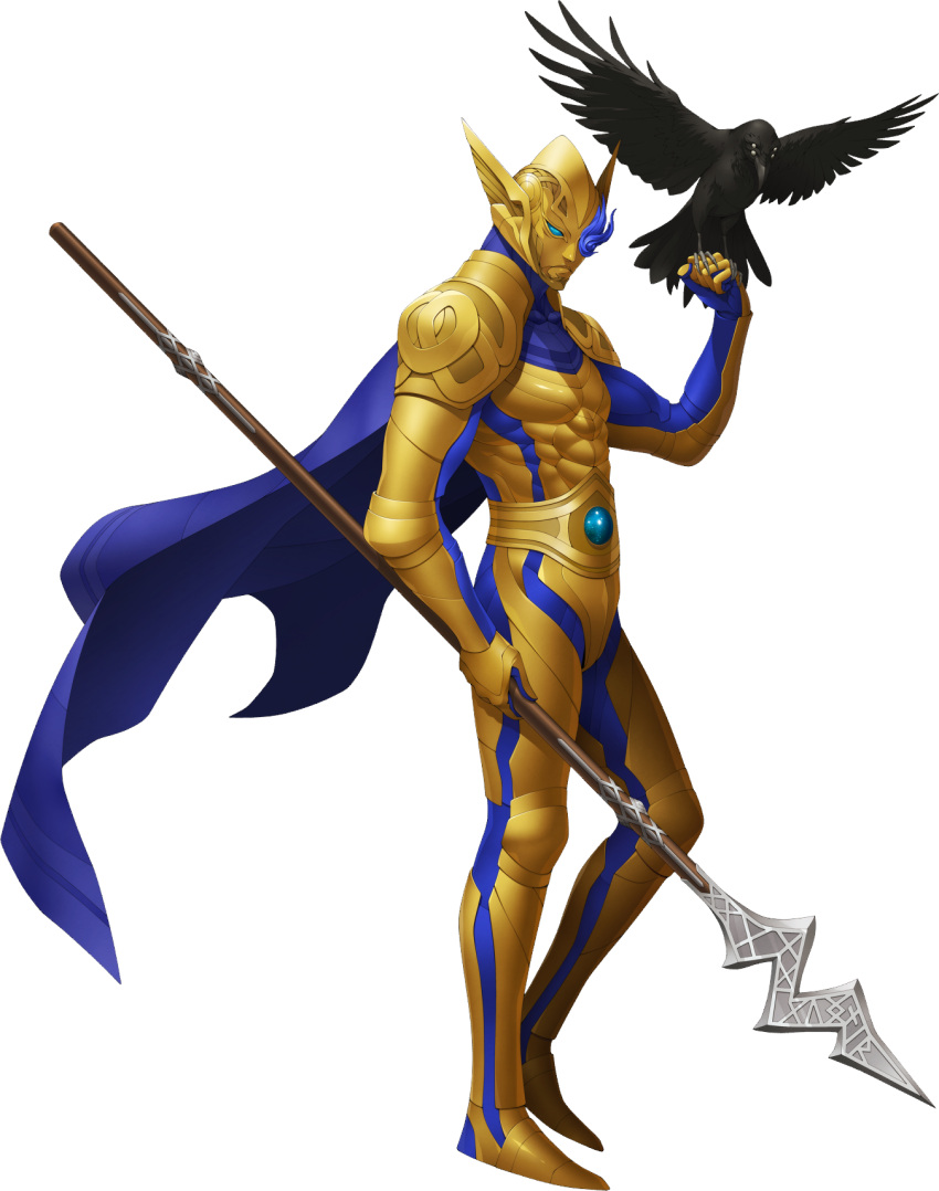 1boy, animal, armor, bird, bird_on_hand, blue_eyes, cape, crow