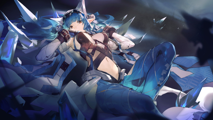1girl, arknights, arknights:_endfield, bad_link, bare_shoulders, bell, blue_gloves, blue_hair
