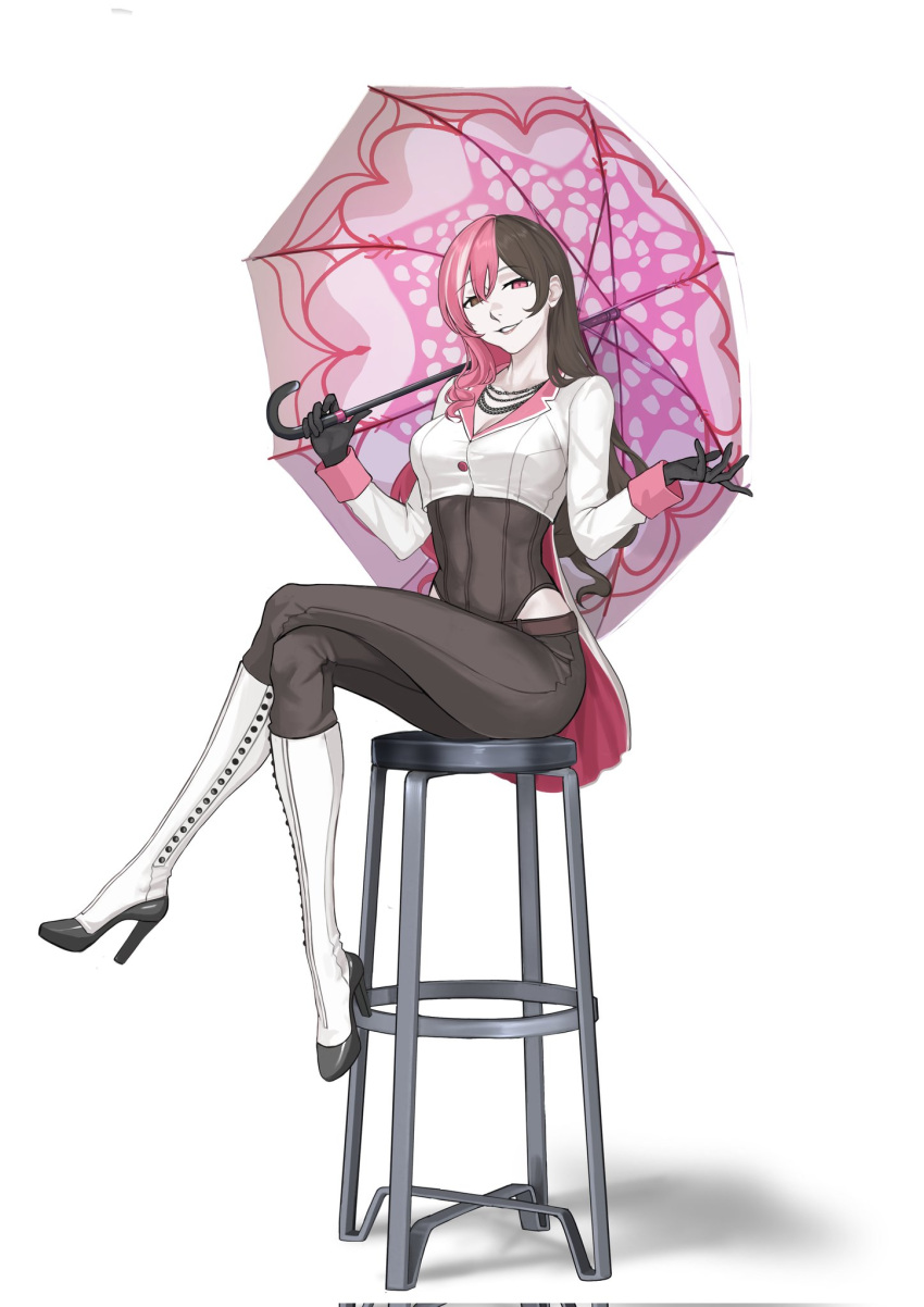 1girl, bead_necklace, beads, black_gloves, black_pants, boots, breasts, brown_eyes