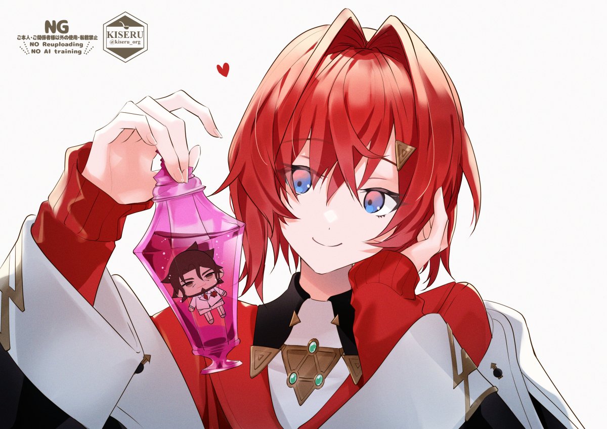 1girl, ange_katrina, ange_katrina_(1st_costume), beard, belmond_banderas, blue_eyes, bottle, brown_hair