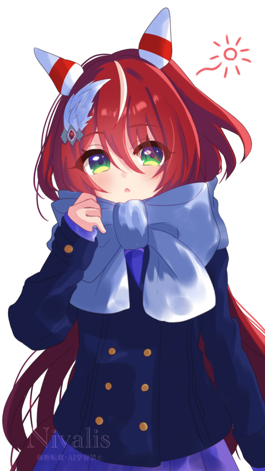 1girl, animal_ears, blue_coat, blue_scarf, blush, buttons, coat, double-breasted, ear_covers, ear_ornament, feather_hair_ornament, feathers, galanthus, green_eyes, hair_between_eyes, hair_ornament, highres, horse_ears, horse_girl, horse_tail, long_hair, looking_at_viewer, low_twintails, parted_lips, purple_serafuku, purple_skirt, red_hair, scarf, school_uniform, serafuku, simple_background, skirt, solo, tail, tracen_school_uniform, tracen_winter_coat, twintails, umamusume, white_background, win_variation_(umamusume), winter_clothes, winter_coat, winter_uniform