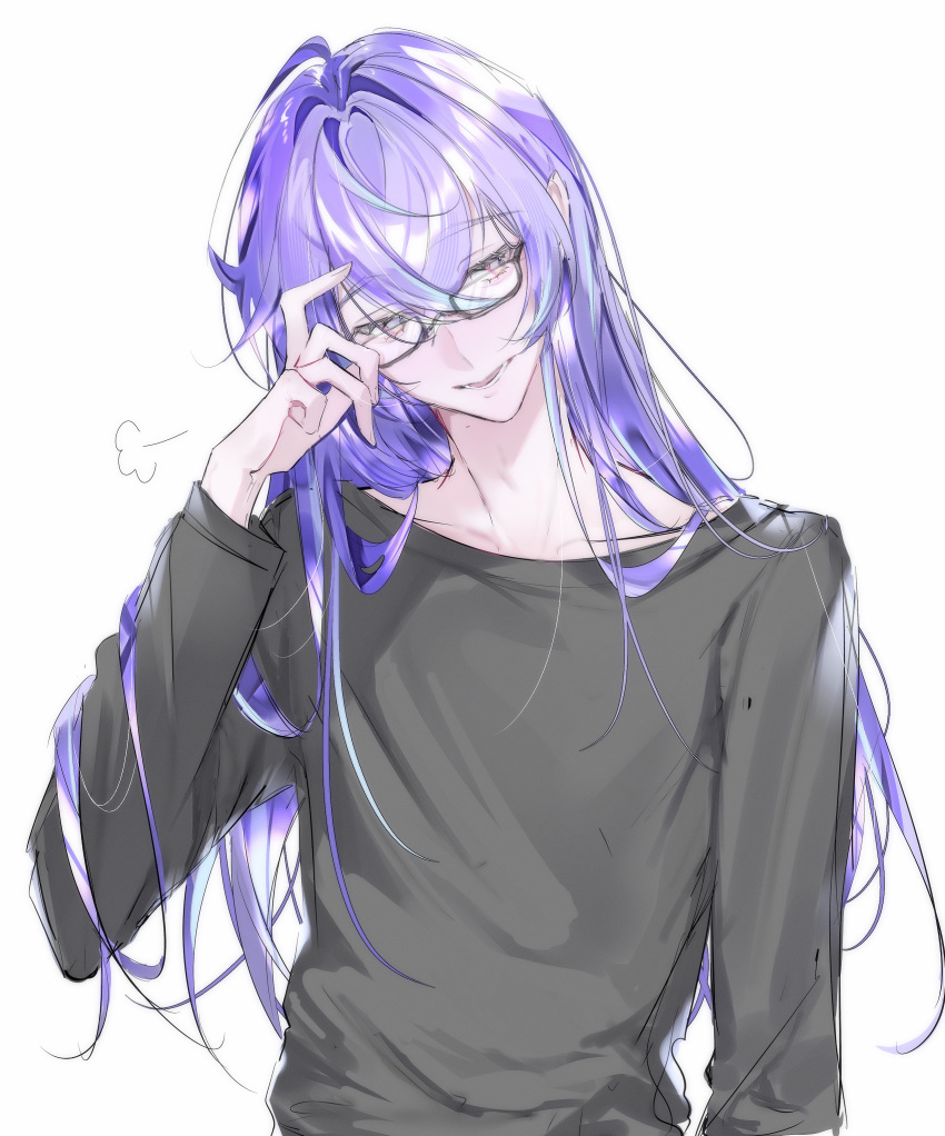 1boy, absurdres, bespectacled, blue_hair, commentary, glasses, grey_eyes, grey_shirt