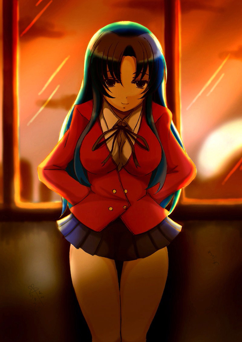 blue_hair, breasts, kawashima_ami, long_hair, pleated_skirt, school_uniform, serafuku, skirt, solo, sunset, thigh_gap, thighs, toradora!, wakame, window