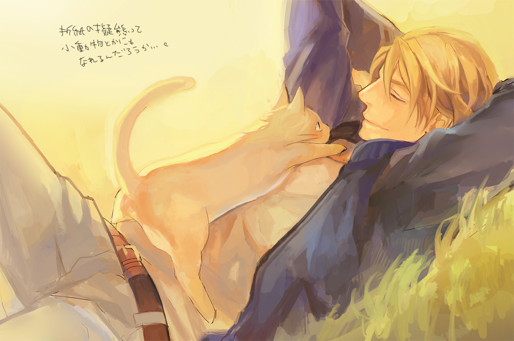 arms_behind_head, bad_id, blonde_hair, blue_jacket, bomber_jacket, cat, closed_eyes, eyes_closed