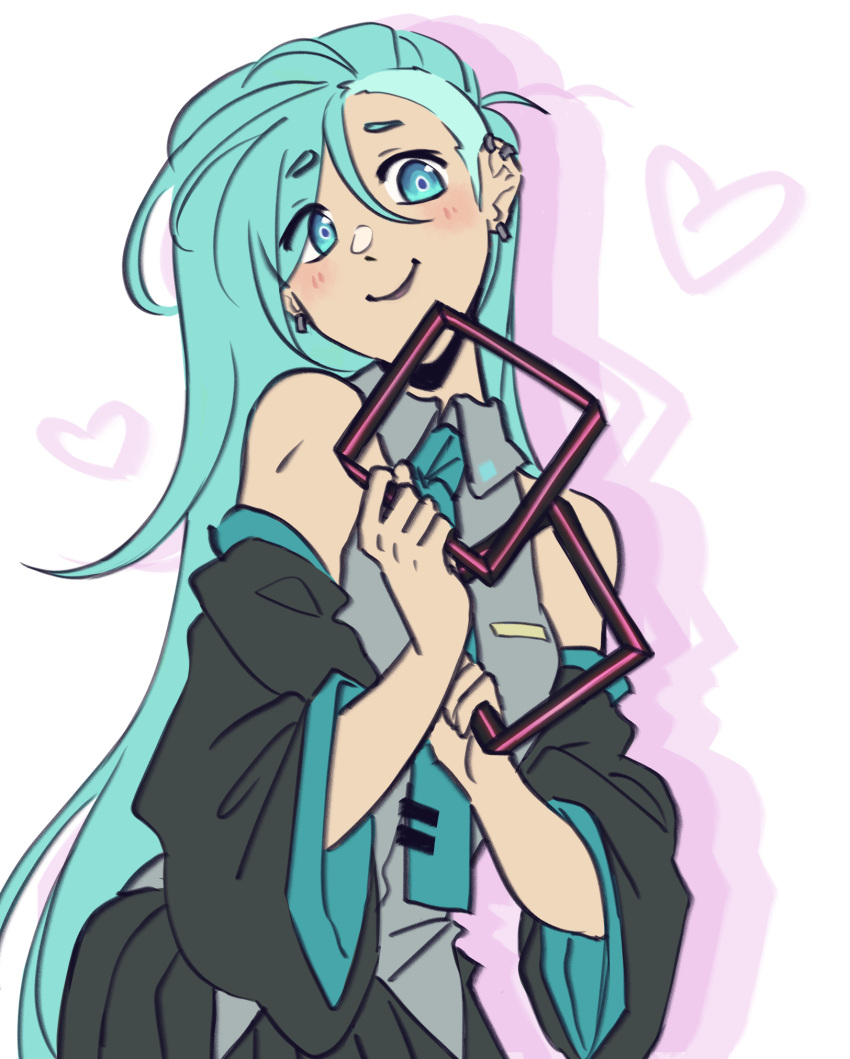 1girl, alternate_hairstyle, aqua_eyes, aqua_necktie, asymmetrical_hair, bare_shoulders, black_skirt, blush